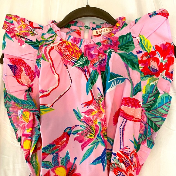 Banjanan BulBul Pink Floral Mini Dress with Ruffle Sleeve Detail and Tie Waist - Picture 7 of 9